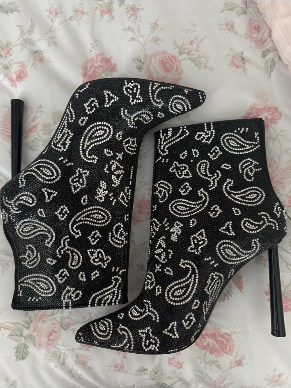 Black Paisley Crystal Embellished Women's Ankle Boots